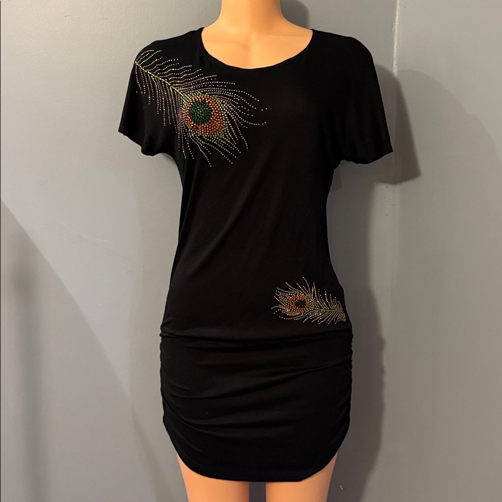 Yelbrey Black Rhinestone Peacock Feather Ruched Mini Dress | Size Medium - Picture 2 of 9